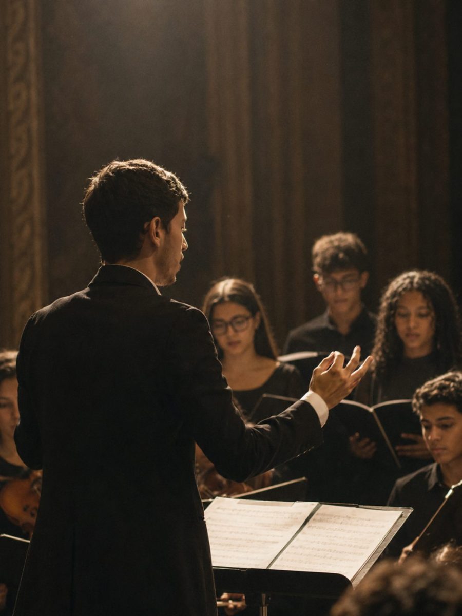 Enzo Furlan regendo um coro de jovens