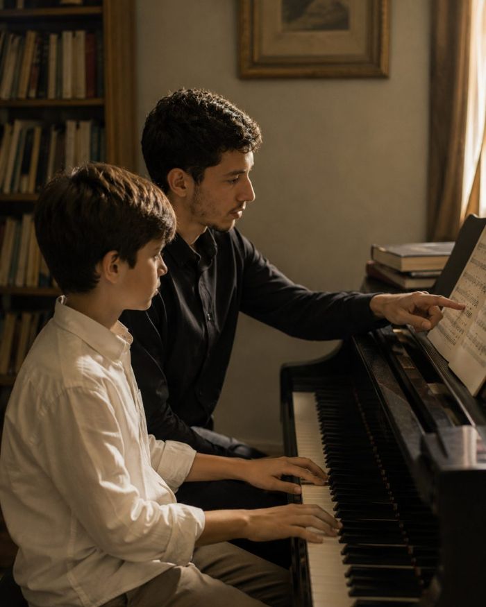 Enzo Furlan ensinando um aluno ao piano, indicando a partitura