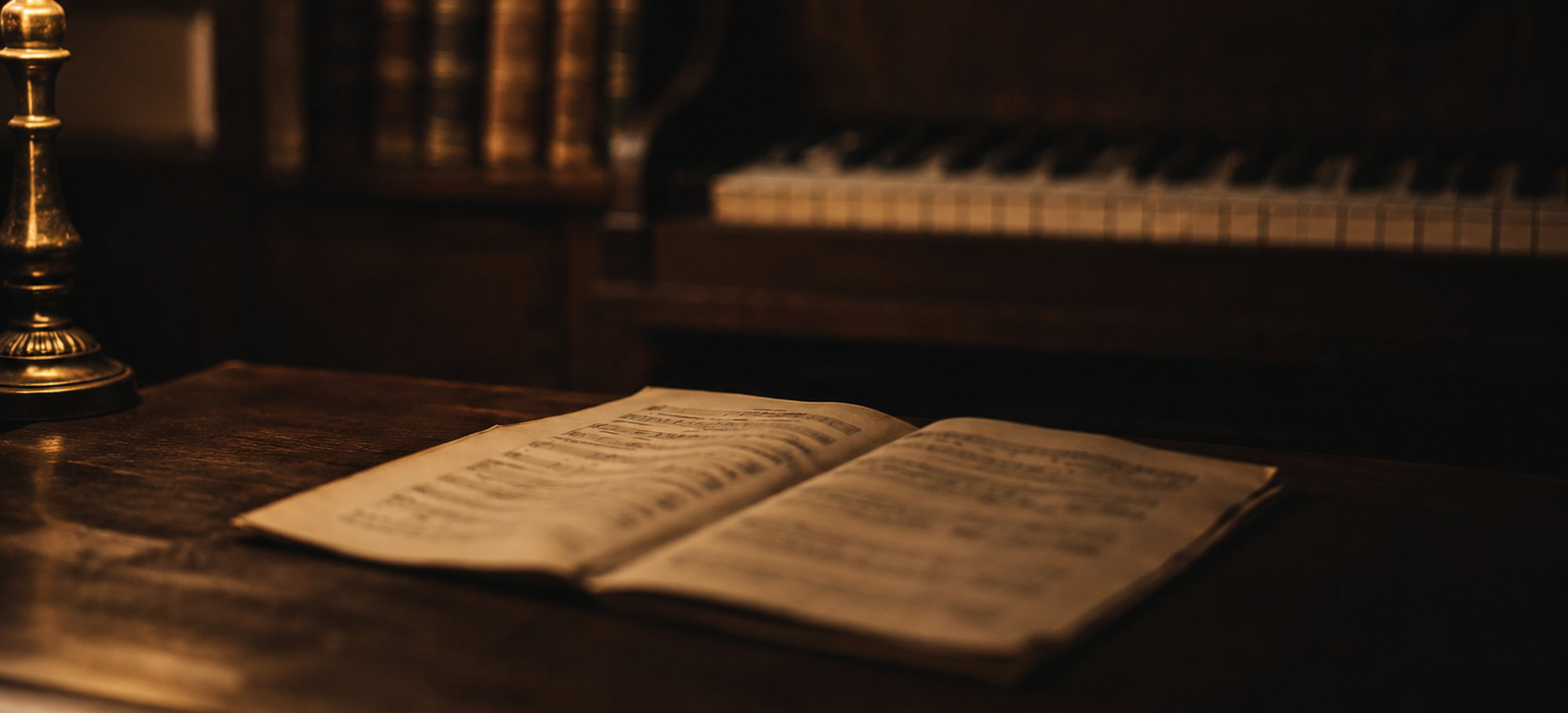 Partitura antiga aberta sobre uma mesa de madeira à luz de um abajur, com um piano vertical ao fundo